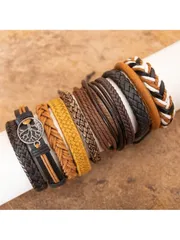 ジュエリー メンズ ブレスレット セット 10個セット マルチレイヤー編み込み ブレスレット、ピースツリー ブラック シック PUレザー ブレスレット、ヴィンテージ コンビネーション アクセサリー メンズ レディー