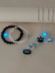 Ladies' Glow-in-the-Dark Couple/Friendship Crown Stainless Steel Chain Necklace, Bracelet, and Ring Set (6 pieces) - Casual Couple Accessories, Perfect for Daily Wear or Valentine's Day Gift