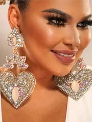 ジュエリー レディース イヤーアクセサリー 1ペア ゴールド オーバーサイズラインストーン ハートドロップピアス、ヨーロッパ&アメリカンデザイン、高級ジュエリーアクセサリー 女性用