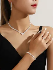 ジュエリー レディース セット 5個セット ラグジュアリー エレガントジルコニア輝くブライダルウェディングジュエリーセット、ネックレス、ピアス、ブレスレット、リング、ヘアアクセサリー含む、ファッションパーティー&フ