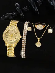 腕時計 レディース セット 女性用 6点セット ファッションカジュアル クラシック デジタル文字盤 ラインストーン クォーツ 腕時計 ブレスレット ネックレス リング ピアス ジュエリーセット、デイリーウェアや母の