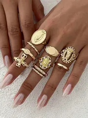 リング レディース セット 10個セット ヴィンテージパンクスタイル アレイ ラインストーン クロス&聖母マリア 幾何学調整可能リング、女性の日常装飾、コーディネート、デート、パーティー、ホリデーギフトに適していま