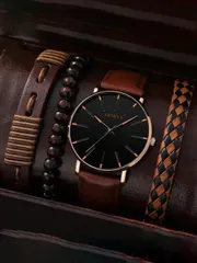 腕時計 メンズ セット 4点セット、クラシックベルト スケール クォーツ腕時計 + ビーズブレスレット 3点、デイリー、仕事、学校、カジュアルウェア