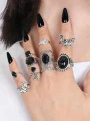 リング レディース セット 9個セット ヴィンテージ シルバー ゴシック ブラックローズ コウモリ ハート ヴァンパイア スタッカブルリングセット (女性用)