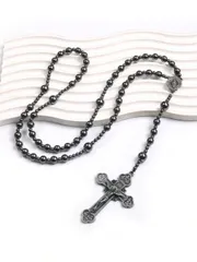 ジュエリー メンズ ネックレス 1個 ヴィンテージジュエリー ブラックアイアンストーン 天然クロス ロザリオネックレス メンズ用