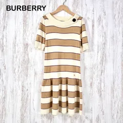 BURBERRY BLACK LABEL バーバリーブルーレーベル ホースロゴ刺繡 ボーダー ウール カシミヤ アンゴラ ハーフスリーブ ニット ワンピース ベージュ レディース