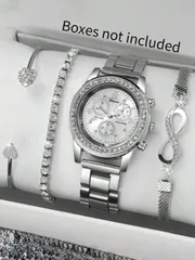 腕時計 レディース セット 4個セット ラグジュアリー シルバー レディース腕時計セット。ラインストーン装飾の腕時計、ハート型ファッションバングル、マッチングブレスレット、インフィニティシンボルブレスレットが含まれ