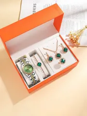 腕時計 レディース セット 6個セット レディース クォーツ腕時計、ファッショナブルなラグジュアリー合金鋼バンド、ラインストーンとエメラルドジュエリー、デイリーコーディネート、誕生日、女性へのギフト、記念日、年末、