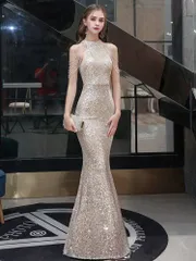 送料無料 ドレス ワンピース レディース シャンパン ホルターネック フィッシュテール パーティー 二次会 年会 司会 ドレス XS S M L XL XXL かわいい 上品