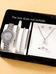 腕時計 レディース セット 6点セット レディースアクセサリー セット ラグジュアリー シルバー ラインストーン付き、腕時計、ブレスレット、ネックレス、スタッドピアス、リングが含まれます。ダイヤルにはロマン数字がラ