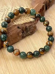 ジュエリー メンズ ブレスレット グリーンモスアゲート タイガーアイ ジェムストーンブレスレット、不安感を和らげる、女性と男性用、強力な保護、落ち着きをもたらす、ストレッチブレスレット、富と落ち着きをもたらす、ヨガ