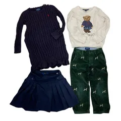 186000 POLO RALPH LAUREN ポロ・ラルフローレン ポロベア スウェットシャツ コーデュロイパンツ プリーツスカート ニット 120cm グリーン ネイビー トレーナー 犬刺繍 セットアップ  キッズ 4点まとめ売り