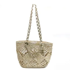  【栄】シャネル スモールショッピングﾞ トートベージュ トートバッグ ココマーク ランダムシリアル ラフィア ベージュ