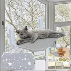 fabuon life 2026年新モデル 猫 窓用 ハンモック 上向きデザイン 専用両面テープ9個付 強力 吸盤 大型 カバー2枚入り ファスナー式 組立簡単 洗濯可能 (最新型星柄グレーベルベット＆グレーメッシュ,  大（30cmx52cm）)