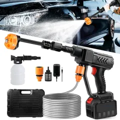 【送料無料】高圧洗浄機 コードレス 高性能6in1ノズル噴射距離10M充電式 バッテリー式水道接続不要安全ロック機能搭載多機能洗車機 高圧洗浄器 軽量 ポータブル 水圧が高い収納ボックス付き、5mホース、フォームボトル、説明書自吸式洗車機 洗車/自転車/外壁/