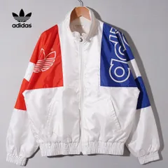 80s デサント製 アディダス adidas ナイロンジャケット L ホワイト ブルー レッド 90s ロゴ刺繍 ヴィンテージ Vintage オールドアディダス ストリート ジャージ スポーツ 古着 G218