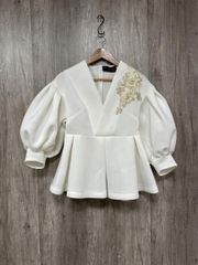 SMILE ORCHID 花モチーフ付きVネックバルーン袖トップス M ペプラム 