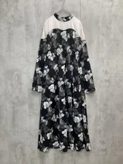 美品 Ezick エジック 花柄 モノトーン Aライン フレア ロング ワンピース 長袖 sizeF/黒 ■◇ レディース