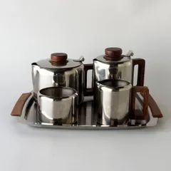 英国 ヴィンテージ ステンレス ティーセット 5点セット シュガーポット ティーポット ミルクジャグ トレー テーブルウェア 83245