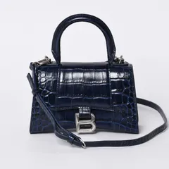 極美品 BALENCIAGA バレンシアガ HOURGLASS XS アワーグラス XS 2WAYバッグ 592833 ネイビー クロコダイル 型押し シルバー金具 中古 4a000381