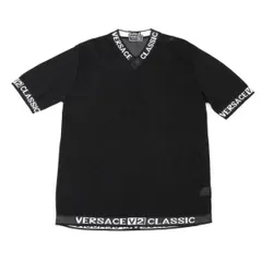 ヴェルサーチクラシックVERSACE CLASSIC V2 ロゴトリムメッシュニットTシャツ 黒白M位のサムネイル