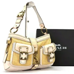 【陽だまりを纏う】　COACH　かごバッグ ハンドバッグ ダブルポケット ラフィア レザー ワンショルダー シグネチャー　アイボリー
