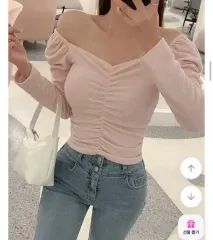 당당걸 ハートネックシャーリングパフ Tシャツ ピンク 3サイズ (オフショルダー可能)