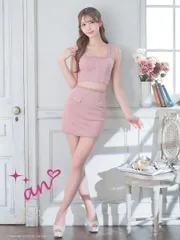 ピンク[OF05] [AOC3867-NV-2504]【an /アン】スクエアネック/ ラメ/ ビジュー/ バストジップ/ タイト/ セットアップ/ ツーピース/ ミニドレス/ キャバドレス