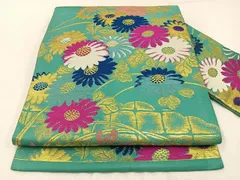 平和屋着物◎アンティーク　大正ロマン　九寸名古屋帯　菊　金糸　正絹　逸品　BAAW9432hjのサムネイル