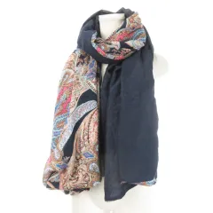 グレースクラス GRACE Class ストール ショール マフラー 大判 リバーシブル 無地 エスニック ペイズリー柄 シルク混 絹 F 紺 ネイビー /AH5 ■GY99