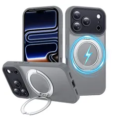 【新品】 Aunote iPhone 17 Pro Max ケース 精密カメラ保護 360°回転スタンド MagSafe対応 薄型 軽量 米軍MIL規格 耐衝撃 黄変防止 スマホケース いphone17promax ケース カバー グレー 1