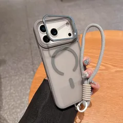 【新品】 iPhone 17 Pro Max 用 ケース Magsafe対応 レンズスタンド内蔵 カバー TPUバンパー 隠しスタンド 指紋防止 リストストラップ付き 半透明PC背面 耐衝撃性 傷防止背面，灰 0