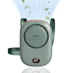 即納：【2026夏新定番】首掛け扇風機 携帯可能ハンディファン USB充電式 腰ベルト対応 2000mAh大容量 8時間連続稼働 3段風量+LED表示 軽量コンパクト 卓上/手持ち/ネッククーラー 熱中症対策 オフィス・旅行・BBQ・花火大会に最適（グリーン）