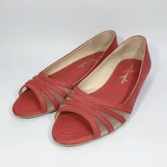 美品〇 銀座かねまつ 24 パンプス レッド 赤 オープントゥ ローヒール GINZA Kanematsu