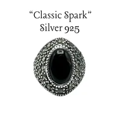 【漆黒の瞳】 ブラックオニキス マーカサイト SILVER 925 刻印 Vintage Design Ring シルバー デザイン リング 18号 18.5号 ユニセックス クラシック 一点もの 天然石