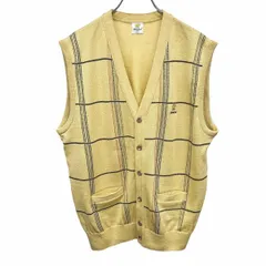 古着 ゴールデンベア ベスト ノースリーブカーディガン Vネック チェック 日本製 毛×アクリル L イエロー 黄×チャコール×茶×青×緑 メンズ