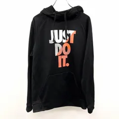 古着 NIKE ナイキ スウェット プルオーバー パーカー 裏起毛 『JUST DO IT.』 ラグラン 長袖 ポリ100% M ブラック×ホワイト×オレンジ 黒 メンズ