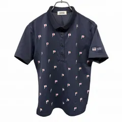 【中古】[印象AB] Kolwin コルウィン ポロシャツ レディース L ネイビー 紺×白×赤 ポリ100% ポケット無し ゴルフ フラッグ柄の刺繍 背中プリント 半袖 袖にハートの星条旗のサムネイル