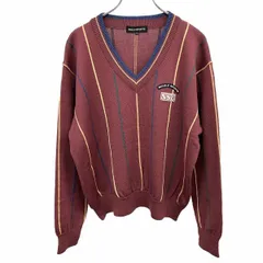 【中古】[印象AB] NICOLE SPORTS ニコル スポーツ ウールカットソー / セーター メンズ M ワインレッド 赤紫系×黄×青×緑 毛100% ウール100% 胸にロゴパッチ ストライプ Vネック 長袖のサムネイル