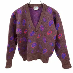【中古】[印象AB] HANAE MORI GOLF ハナエモリゴルフ 森英恵 ニット / セーター レディース L ボルドー 赤茶系×青×赤 毛100% 長毛 ペイズリー Vネック スキニーフィット 丈短め 長袖のサムネイル