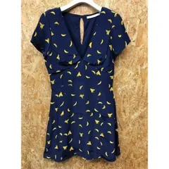 【中古】[印象AB] ZARA Trafaluc collection ザラ レディース M 紺×黄 レーヨン100% ワンピース 薄手 裏地付き バナナ×ドット柄 ひざ丈 台形スカート 半袖