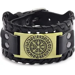 【新品】 [Rockyu] ブレスレット メンズ レザー 本革 ブラック ゴールド 羅針盤 ルーン文字プレート 超幅ブレスレット 幅広い ヨーロッパ風 誕生日 ギフト ファッション アクセサリー 1