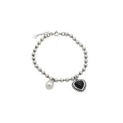 【新品】 Rockyu ブレスレット レディース シルバー 黒心 パール ボールチェーン ブラック ハートブレスレット 心形ペンダント INS風 おしゃれ アクセサリー 0