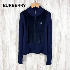 BURBERRY LONDON バーバリーロンドン ホースロゴ刺繡 ノバチェック ベロア切替 ウール リブニット パーカー フルジップアップ カーディガン ブルー