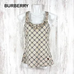 00s BURBERRY BLUE LABEL バーバリーブルーレーベル ホースロゴ刺繡 ノバチェック フリル バッククロス タンクトップ ベージュ レディース ノースリーブ トップス y2k 平成ギャル キャミ
