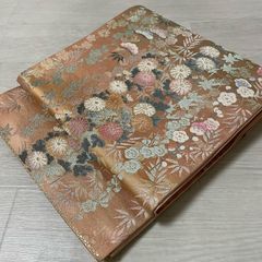 美品 赤茶系の唐織袋帯 四季草花 松竹梅 菊 吉祥文様 セミフォーマル