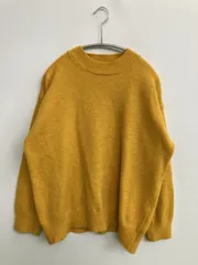 ニット/セーター イエロー ニット 無地 ミドル丈 長袖 クルーネック(丸首)