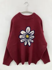 ニット/セーター M レッド 花柄・ボタニカル柄 前面プリント ミドル丈 長袖 クルーネック(丸首)