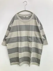 UNIQLO U ユニクロユー Tシャツ/カットソー L グレー ボーダー柄 ミドル丈 クルーネック(丸首) 半袖