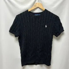 正規品/ウィメンズL ポロ ラルフローレン ケーブル編み ブラック ニット 半袖